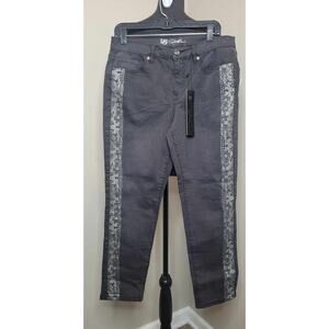 Diane Gilman Straight Legged Denim Jeans Grey Animal Print Stripe, 12P 32x26 NWT